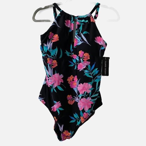 Island Escape One-Piece Black Floral Adjustable Swimsuit Size 10 New - Picture 3 of 11